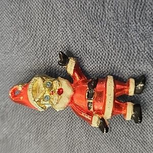 Vintage Gold Tone Santa Claus Brooch Pin Blue Eyes